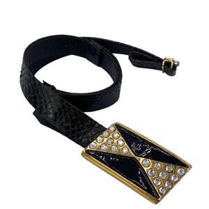 Alexis Kirk Vintage Women Black Crystal Buckle Genuine Reptile Adjustable Belt